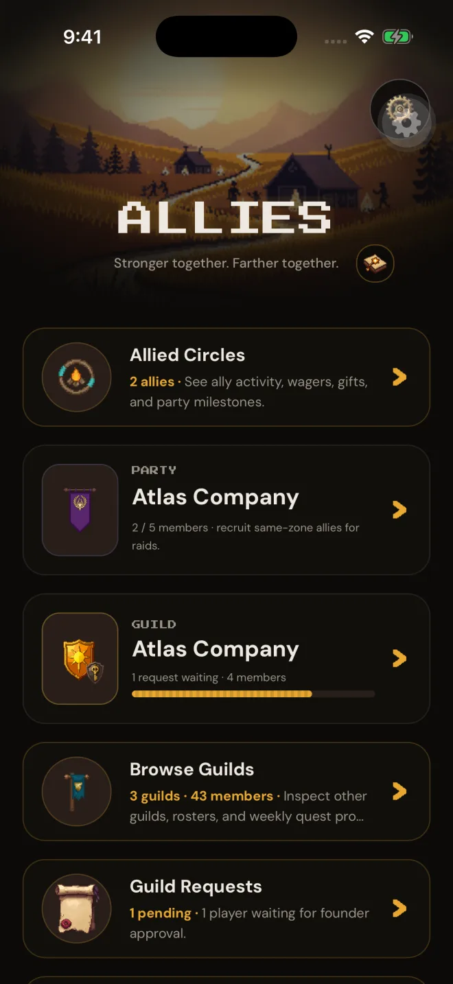 Uncropped Fitscape allies screen showing parties, guilds, and social quests