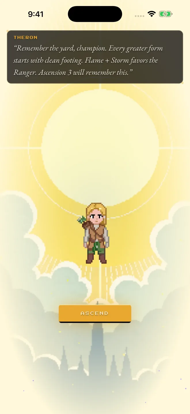 Uncropped Fitscape Ascension ceremony showing a character transformed by player effort