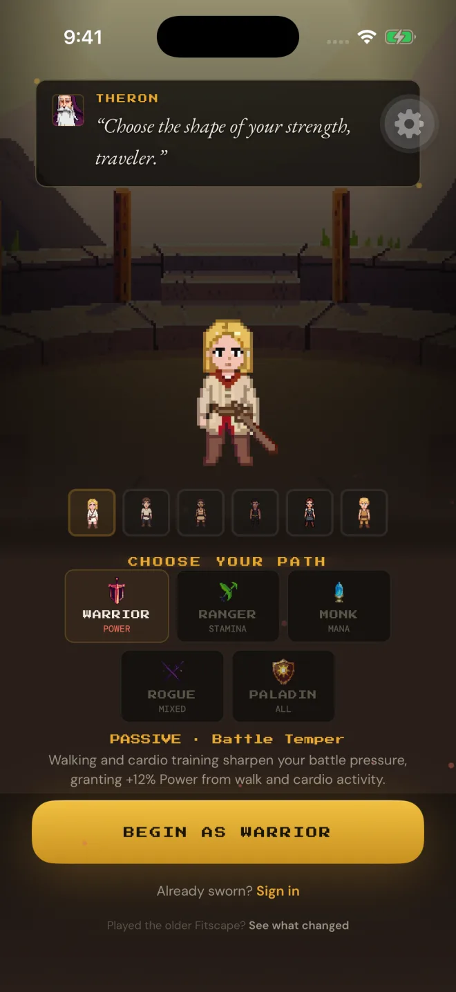 Uncropped Fitscape class selection screen with five fantasy RPG classes