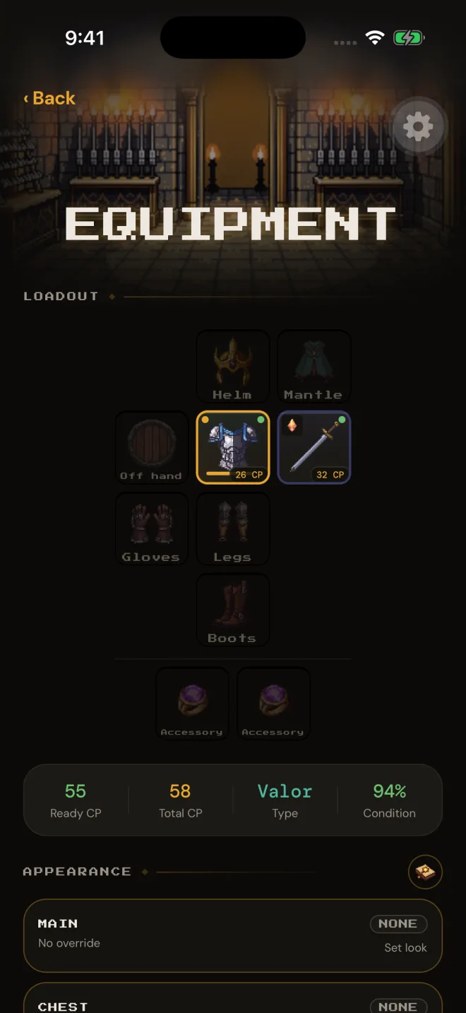 Uncropped Fitscape equipment screen showing a fantasy hero loadout