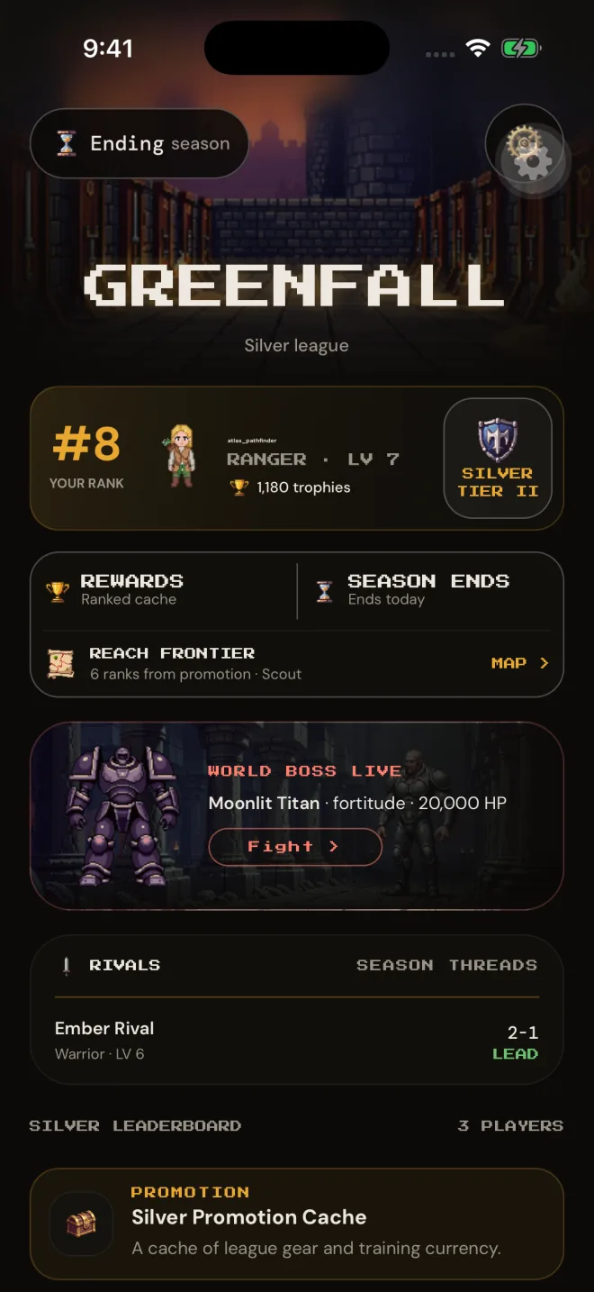 Uncropped Fitscape league screen showing rank, rivals, rewards, and a world boss