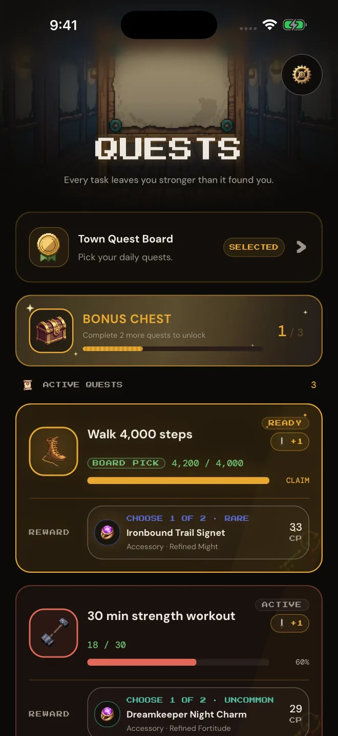 Uncropped Fitscape quest screen showing real-world activity progress